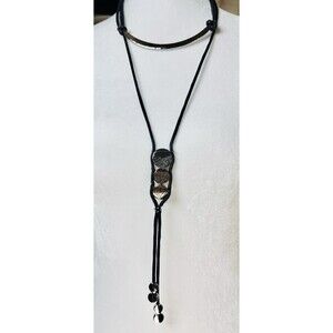 Chicos Black Cord Silver Tone Disc Lariat Necklace 18” + Extender